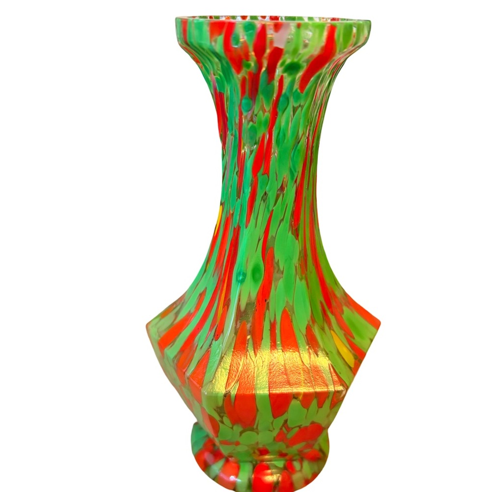Vintage Art Deco Czech Spatter Glass Vase - Red & Green End of Day - 6.5"